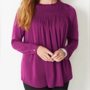 J. Jill Smocked A-Line Silky Satin Soft Blouse Purple Pink Sapphire Size Large